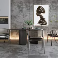 Modern Dining Table Set With Chairs Abstract Painting And Green Plants On Gray Wall