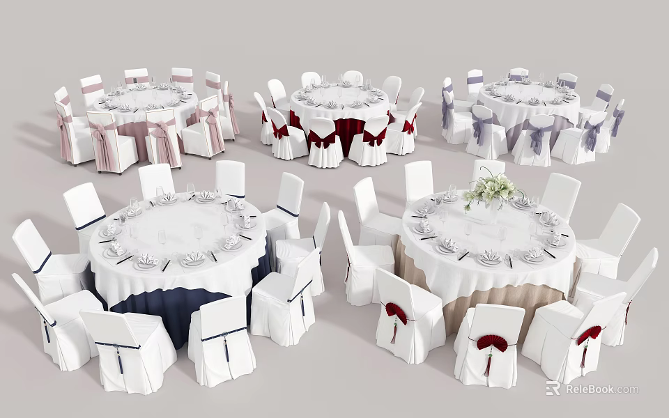 Round Table and Chair Set with White Red Purple Tablecloths and Bow Decorations 3d model 