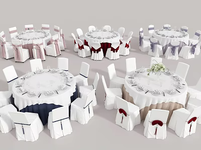 Round Table and Chair Set with White Red Purple Tablecloths and Bow Decorations 3d model