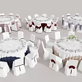 Round Table and Chair Set with White Red Purple Tablecloths and Bow Decorations