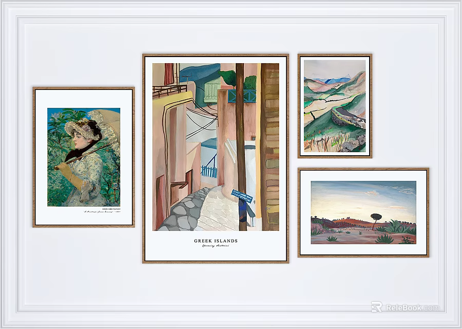 Collection of Framed Landscape Paintings with Mountain Path Rural Fields and Trees 3d model 