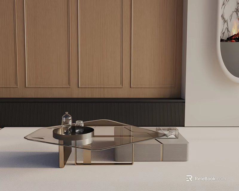 Modern Geometric Glass Top Coffee Table With Metal Frame And Wooden Wall Background 3d model 