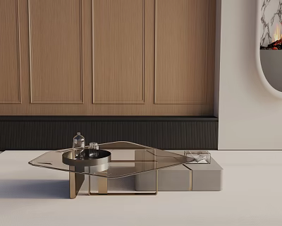 Modern Geometric Glass Top Coffee Table With Metal Frame And Wooden Wall Background 3d model