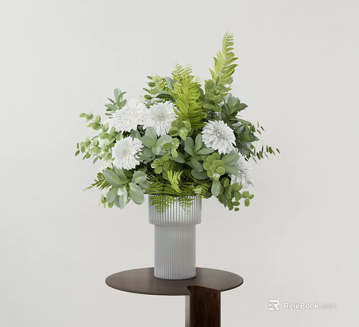 Decorative Ornament Set With White Vase White Flowers Green Leaves On Small Brown Round Table 3d model 