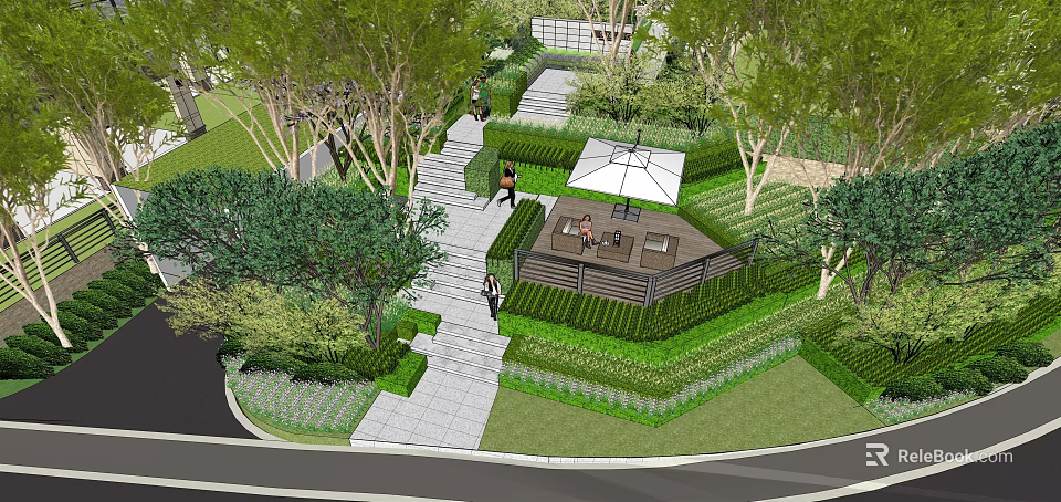 Residential Landscape With Lush Trees Lawn Pathway And Seating Area With Umbrella 3d model 
