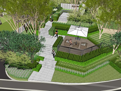 Residential Landscape With Lush Trees Lawn Pathway And Seating Area With Umbrella 3d model