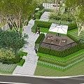 Residential Landscape With Lush Trees Lawn Pathway And Seating Area With Umbrella