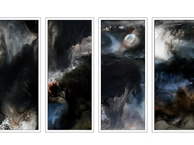 Abstract Modern Four Panel Wall Art With Clouds Mountains And Dark Light Tones 3d model