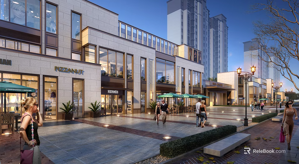 Modern Commercial Street Featuring Pedestrians Outdoor Seating Green Plants and Street Lamps 3d model 
