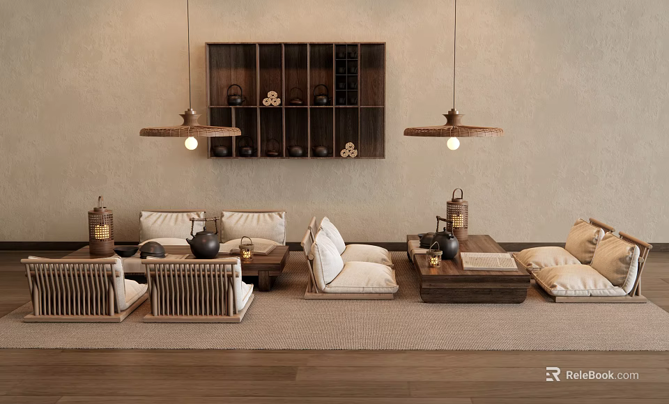 Modern Chinese Style Tea Table and Chairs With Wooden Shelf Hanging Lamps and Cushions 3d model 