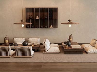 Modern Chinese Style Tea Table and Chairs With Wooden Shelf Hanging Lamps and Cushions 3d model