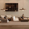 Modern Chinese Style Tea Table and Chairs With Wooden Shelf Hanging Lamps and Cushions