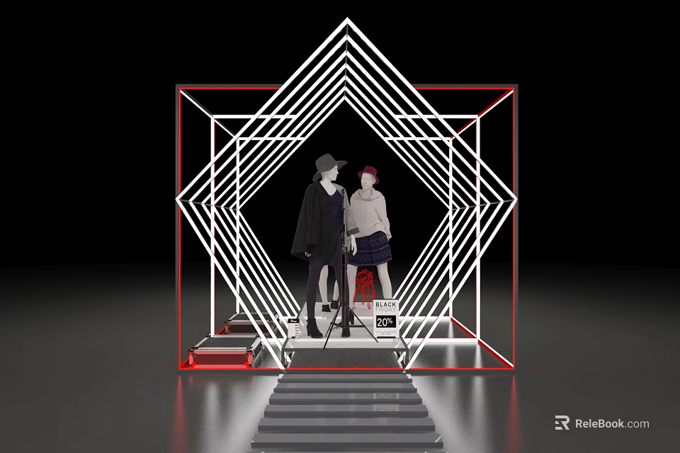 Geometric Frame Photo Spot With Illuminated Lines Red Borders And Two People Posing 3d model 