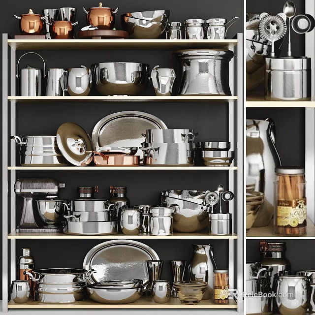 Modern Kitchen Cookware Collection On Shelves With Stainless Steel Utensils And Pots 3d model 