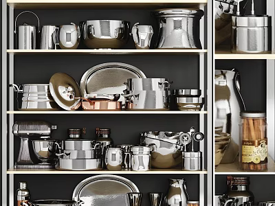 Modern Kitchen Cookware Collection On Shelves With Stainless Steel Utensils And Pots 3d model