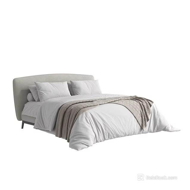 Modern Double Bed with Upholstered Light Grey Frame White Bedding and Brown Throw Blanket 3d model 