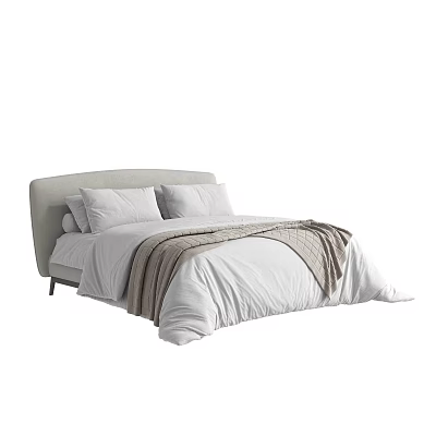 Modern Double Bed with Upholstered Light Grey Frame White Bedding and Brown Throw Blanket 3d model