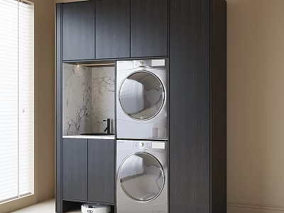 Modern Laundry Area With Dark Wood Cabinetry Marble Countertop And Washer Dryer 3d model