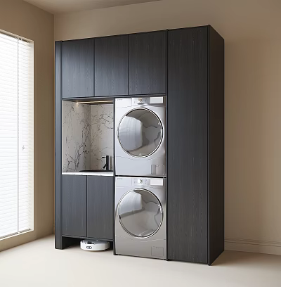 Modern Laundry Area With Dark Wood Cabinetry Marble Countertop And Washer Dryer 3d model