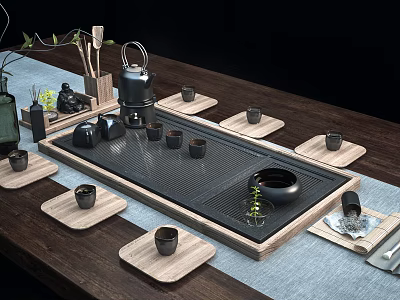 Traditional Tea Set With Ceramic Teapot Teacups And Wooden Tray On Tabletop 3d model