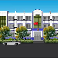 White Building Exterior with Blue Accents Red Flag Trees and Cars in Front