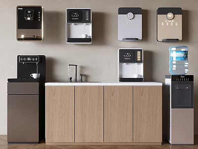 Modern Kitchen With Wall Mounted Water Dispensers Coffee Maker Standing Water Dispenser And Wooden Cabinets 3d model