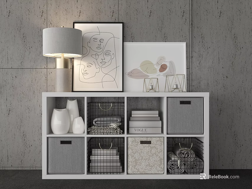 Stylish Entryway Side Cabinet With Storage Baskets Books Vases Decorative Paintings And Table Lamp 3d model 