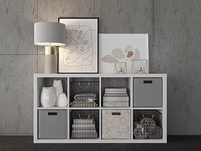Stylish Entryway Side Cabinet With Storage Baskets Books Vases Decorative Paintings And Table Lamp 3d model