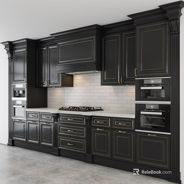 Black Kitchen Cabinets With Gold Accents Gas Stove Tile Backsplash And Ovens 3d model 