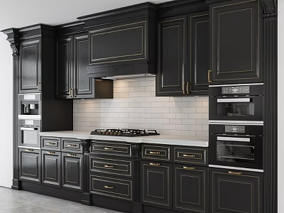 Black Kitchen Cabinets With Gold Accents Gas Stove Tile Backsplash And Ovens 3d model