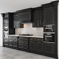 Black Kitchen Cabinets With Gold Accents Gas Stove Tile Backsplash And Ovens