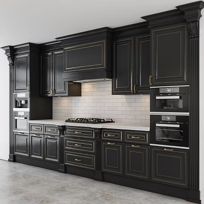 Black Kitchen Cabinets With Gold Accents Gas Stove Tile Backsplash And Ovens 3d model
