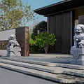 Traditional Stone Lion Sculptures Displaying Three Different Poses With Intricately Carved Bases In Outdoor Grass