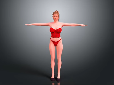 Woman in Red Lingerie Standing with Arms Outstretched Against Gray Background 3d model