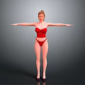 Woman in Red Lingerie Standing with Arms Outstretched Against Gray Background