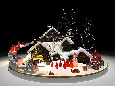 Christmas Holiday Decoration Scene With Snowy Houses Reindeer Gifts And Trees 3d model
