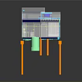3D Rendered Industrial Equipment With Transparent Structure Orange Support Pillars And Green Containers