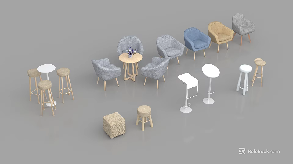 Stylish Modern Single Sofa Set With Round Coffee Table And Stools In Various Colors 3d model