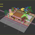 Outdoor Kiosk with Black Roof Orange Accents Red Brick Floor Surrounded by Trees and Greenery