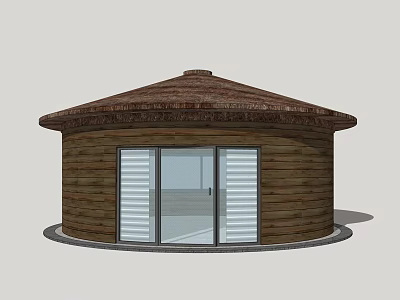 Circular Wooden Building With Round Roof And Large Shutter Windows Exterior 3d model
