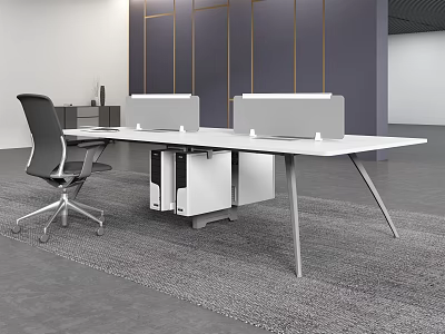Modern Office Desk With White Surface Metal Frame Drawer Cabinet Dual Monitors And Ergonomic Chair 3d model
