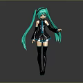 Stylish Anime Character With Turquoise Twin Tails Black Blue Outfit Short Skirt Knee High Boots