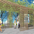 Serene Garden Landscape With Wooden Pergola Vines Trees And People Enjoying