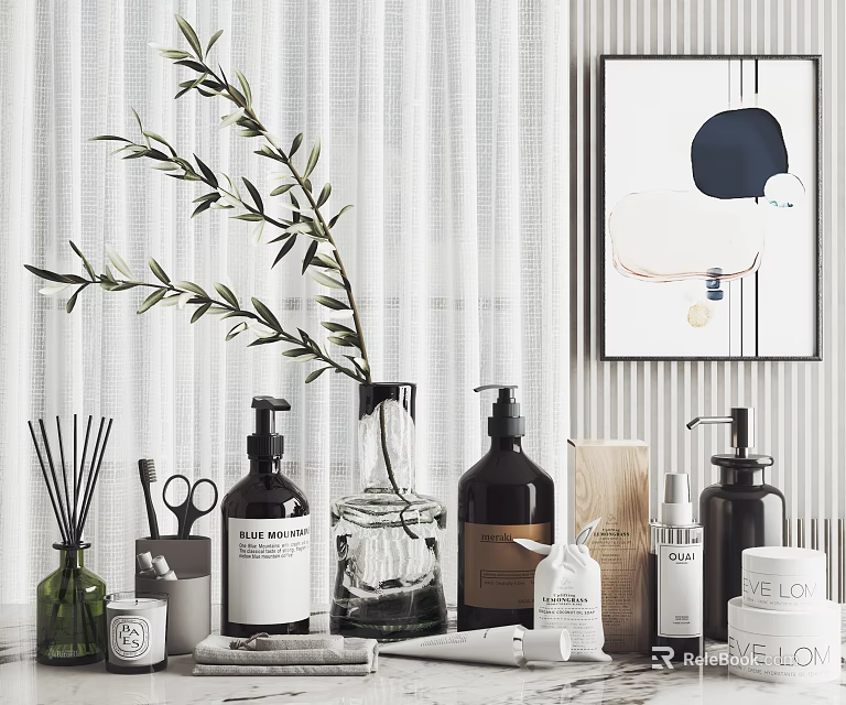 Stylish Bathroom Accessories With Pump Bottles Aromatic Diffusers Decorative Scissors And Olive Branch In Glass Vase 3d model 