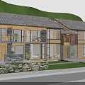 Modern Boutique Guesthouse Building With Stone Wooden Large Glass Windows Balcony Plants Lawn Stone Path