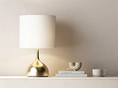 Modern Table Lamp With Gold Base And White Lampshade On Stack Of Books And Mugs 3d model