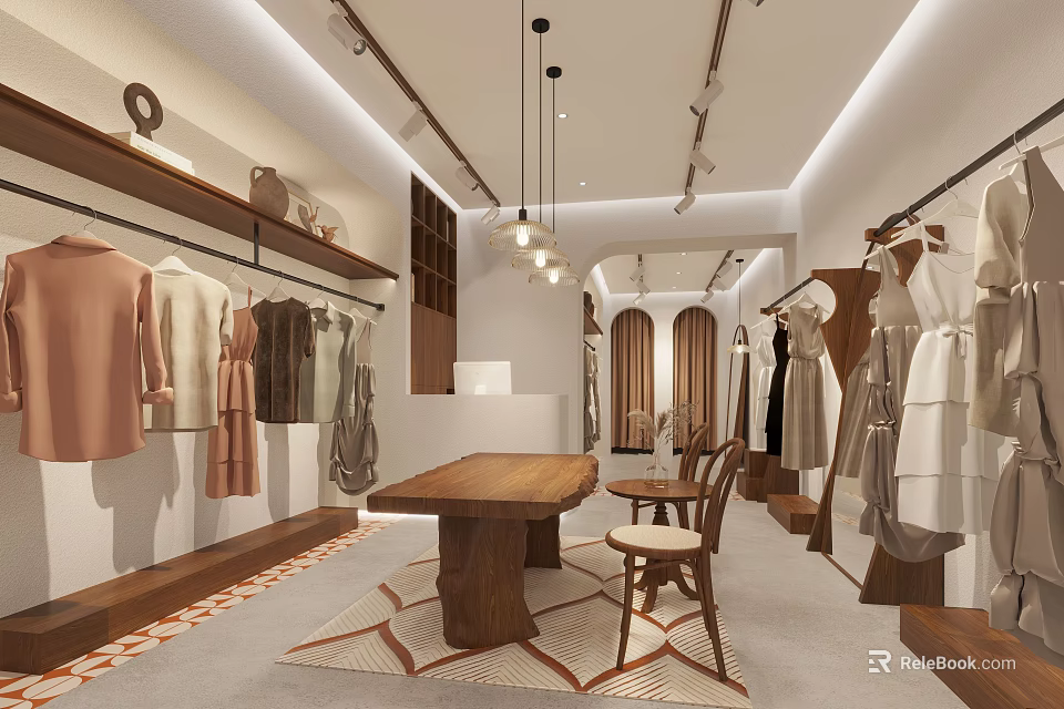 Modern Clothing Store Interior With Hanging Apparel Display Racks And Wooden Table Chairs 3d model 