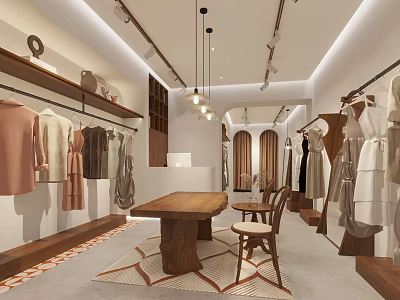 Modern Clothing Store Interior With Hanging Apparel Display Racks And Wooden Table Chairs 3d model