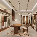 Modern Clothing Store Interior With Hanging Apparel Display Racks And Wooden Table Chairs