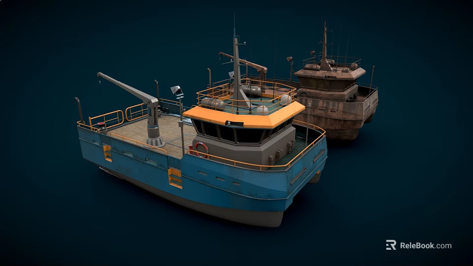 Blue And Old Vessels 3D Model With Deck Equipment And Structures 3d model 